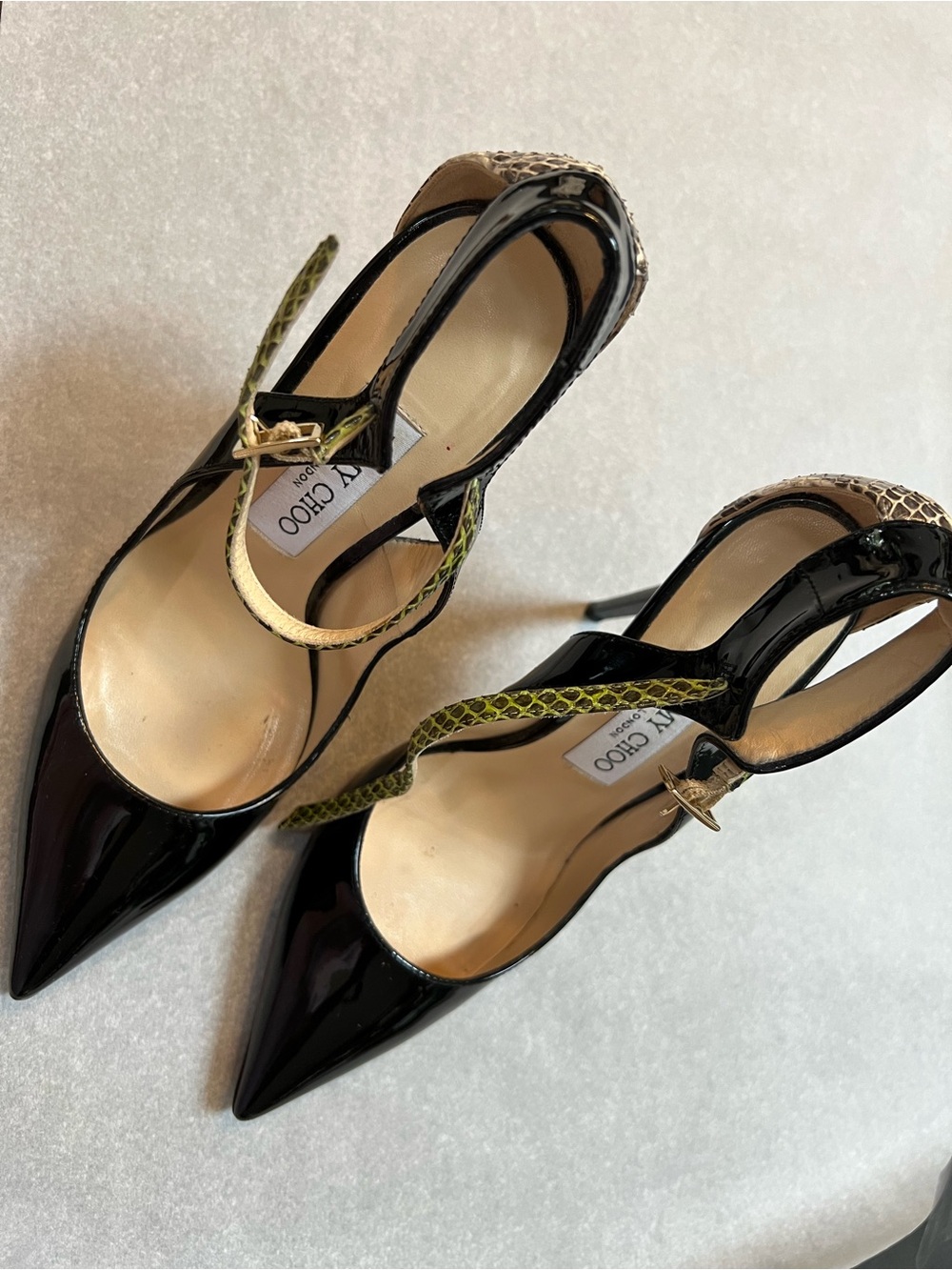 Jimmy Choo Black Patent Pointed Toe Slingback Heels with Green Snake-Print Strap